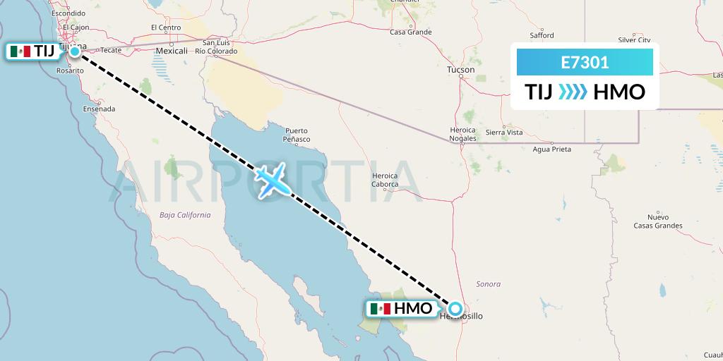E7301 Equaflight Service Flight Map: Tijuana to Hermosillo