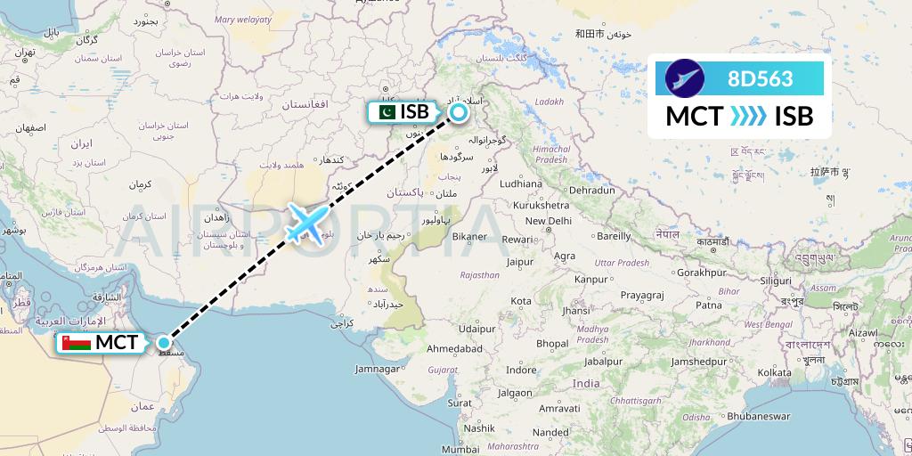8D563 FitsAir Flight Map: Muscat to Islamabad