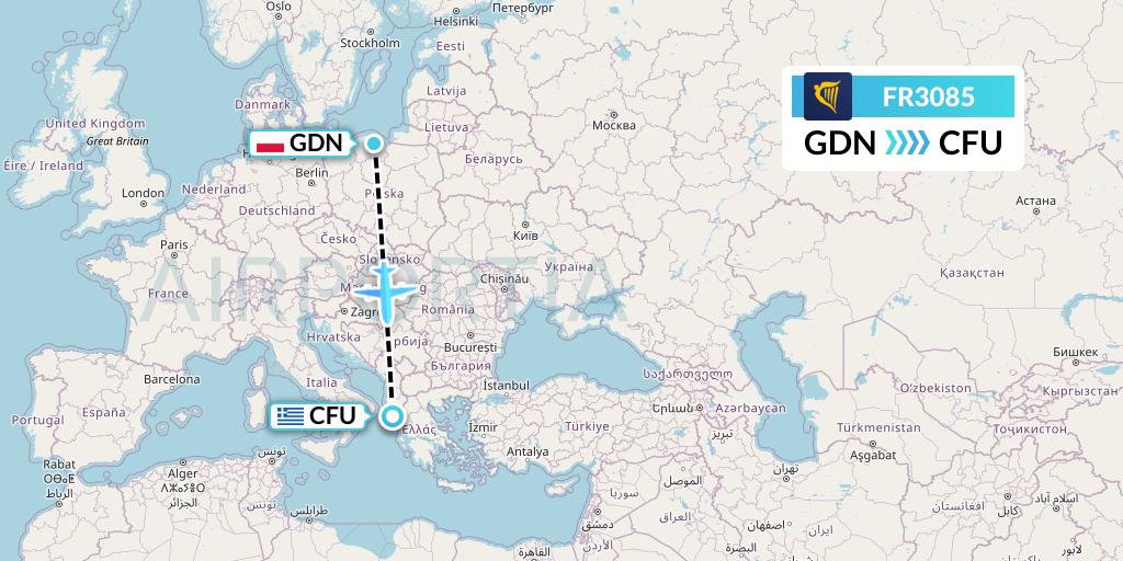 FR3085 Ryanair Flight Map: Gdansk to Corfu