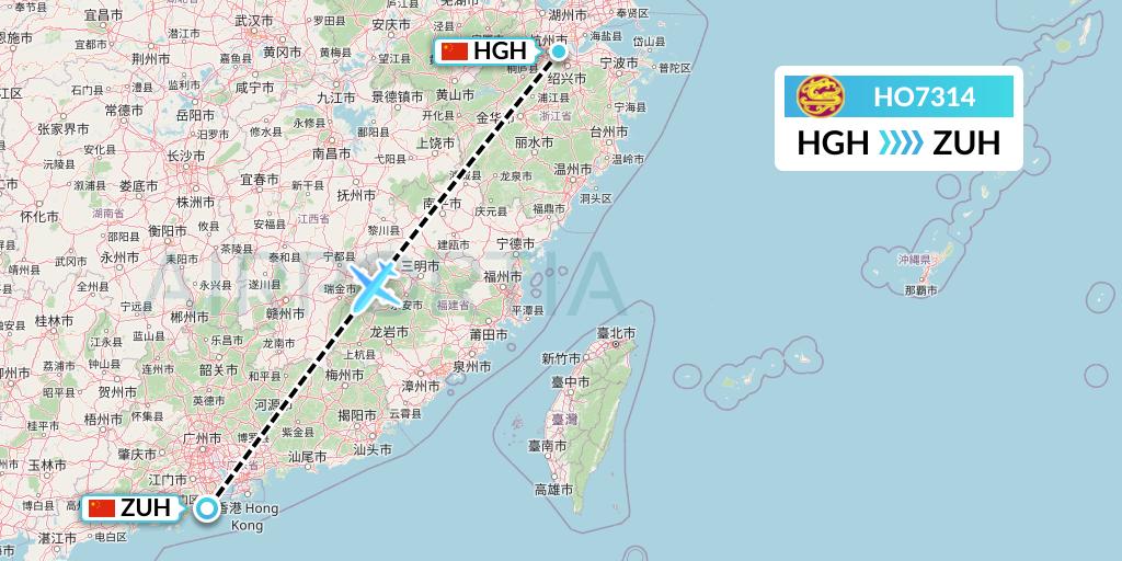 HO7314 Juneyao Airlines Flight Map: Hangzhou to Zhuhai