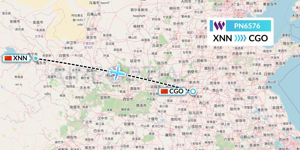 PN6576 China West Air Flight Map: Xining to Zhengzhou