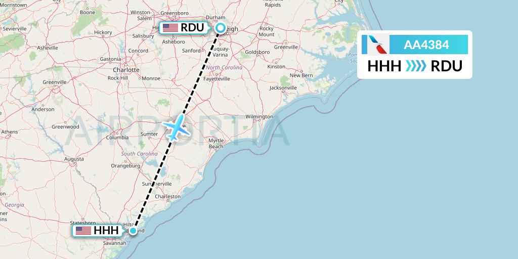 AA4384 American Airlines Flight Map: Hilton Head Island to Raleigh-Durham