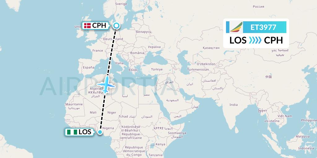 ET3977 Ethiopian Airlines Flight Map: Lagos to Copenhagen