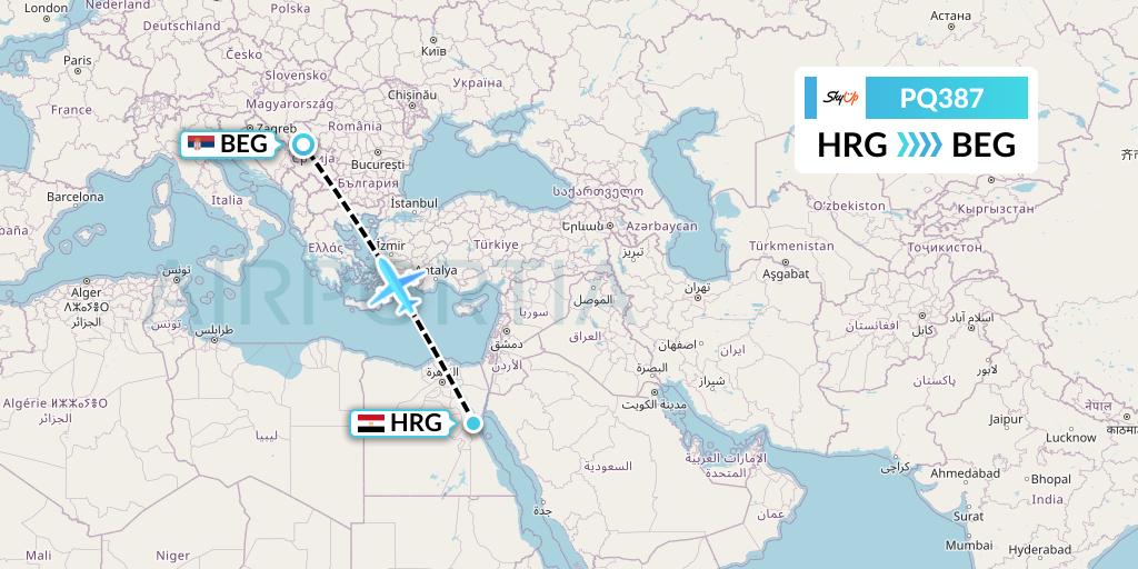 PQ387 SkyUp Airlines Flight Map: Hurghada to Belgrade