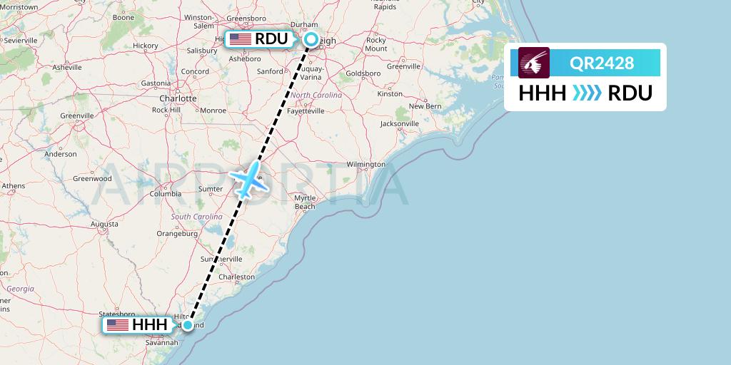QR2428 Qatar Airways Flight Map: Hilton Head Island to Raleigh-Durham