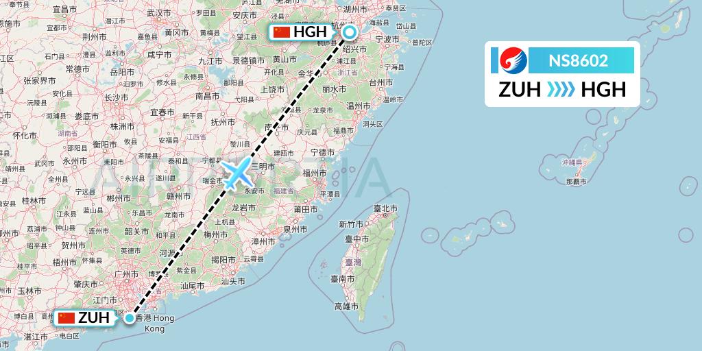 NS8602 Hebei Airlines Flight Map: Zhuhai to Hangzhou