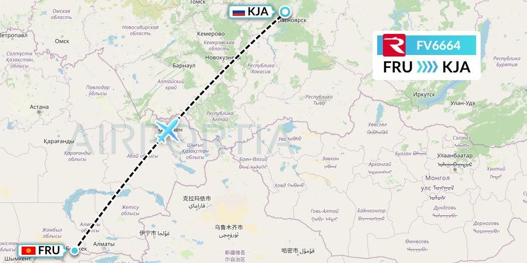 FV6664 Rossiya Flight Map: Bishkek to Krasnoyarsk