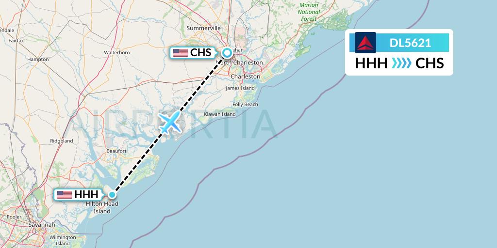 DL5621 Delta Air Lines Flight Map: Hilton Head Island to Charleston