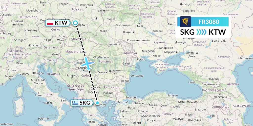 FR3080 Ryanair Flight Map: Thessaloniki to Katowice