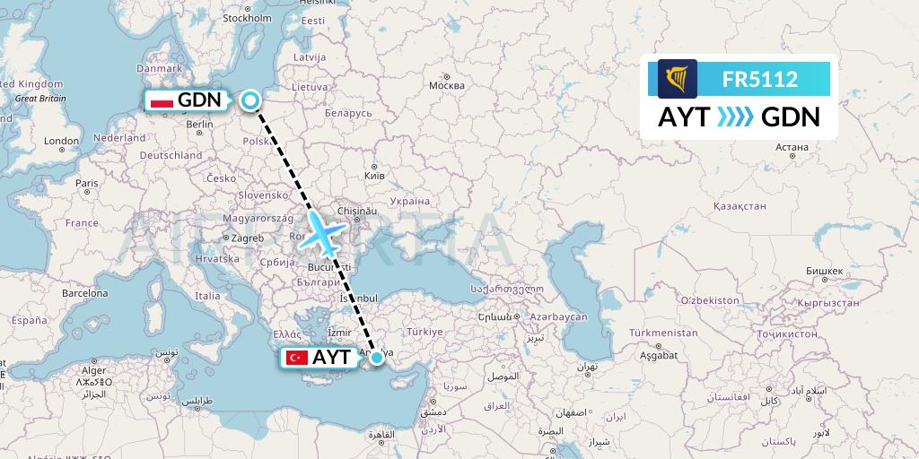 FR5112 Ryanair Flight Map: Antalya to Gdansk