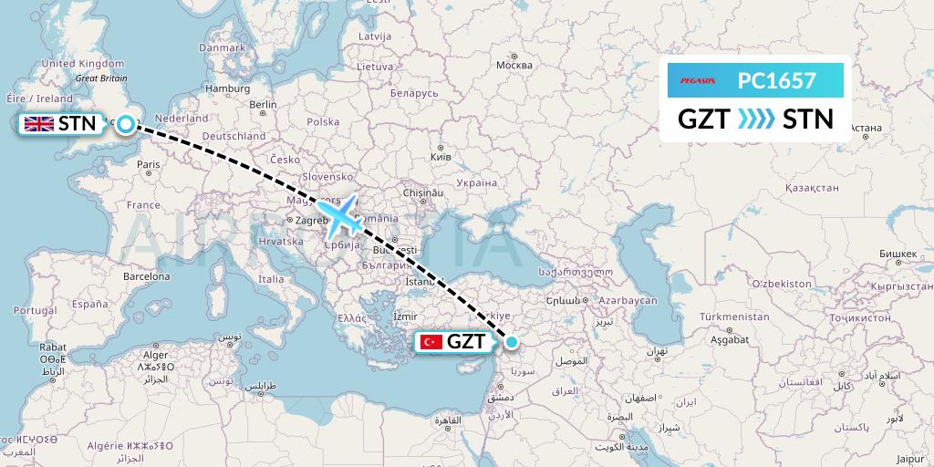 PC1657 Pegasus Airlines Flight Map: Gaziantep to London