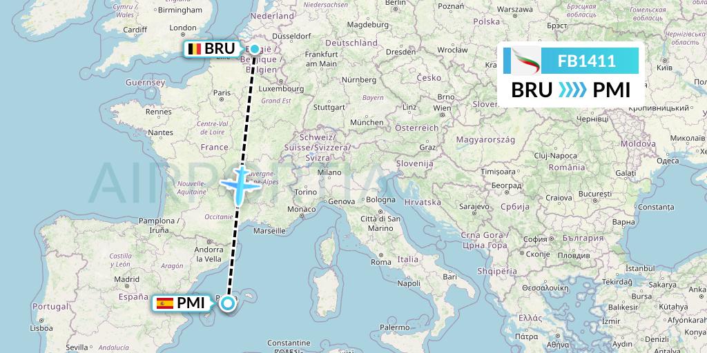 FB1411 Bulgaria Air Flight Map: Brussels to Palma de Mallorca