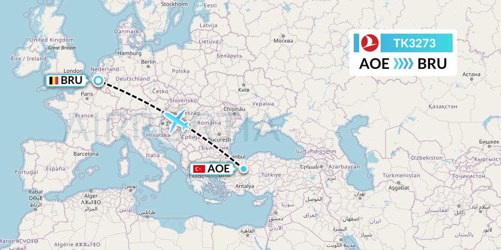 TK3273 Turkish Airlines Flight Map: Eskisehir to Brussels