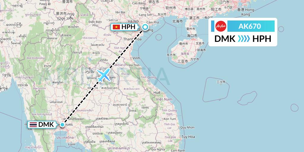 AK670 AirAsia Flight Map: Bangkok to Haiphong