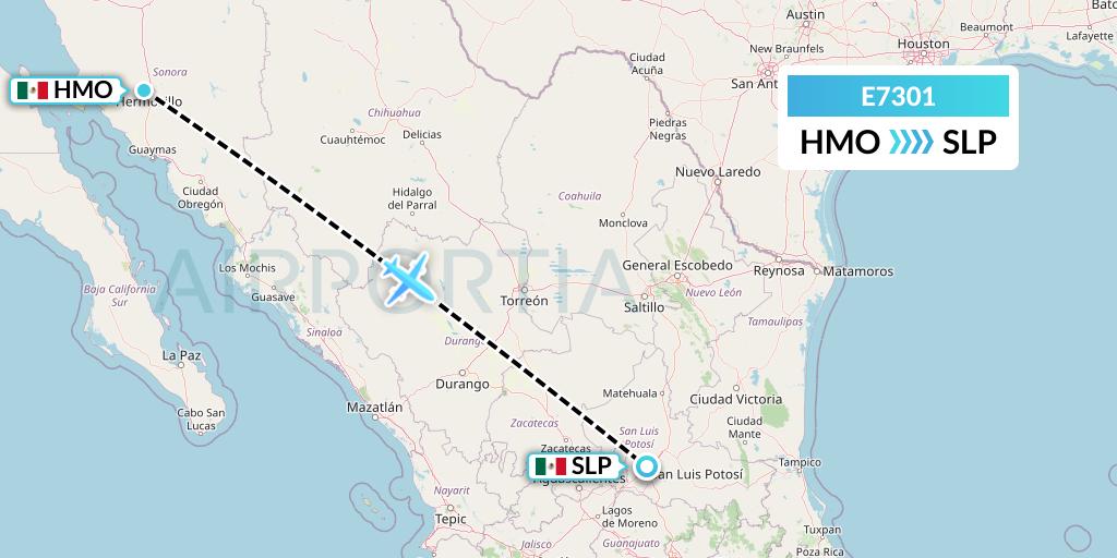 E7301 Equaflight Service Flight Map: Hermosillo to San Luis Potosi