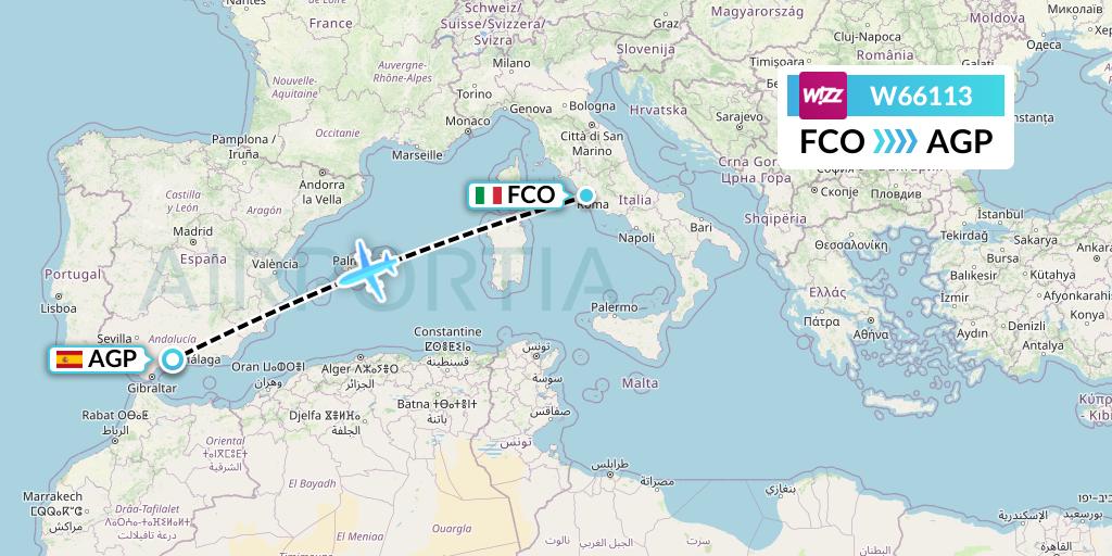 W66113 Wizz Air Flight Map: Rome to Malaga