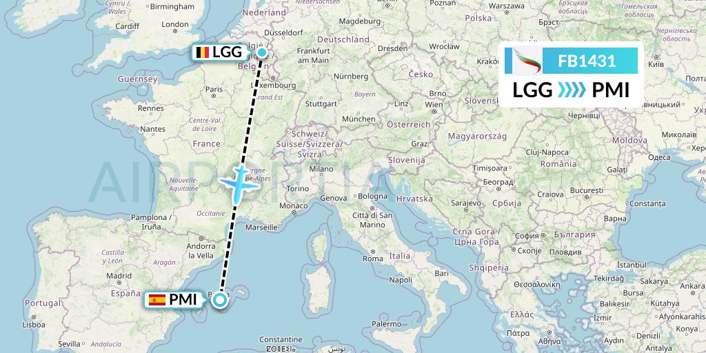 FB1431 Bulgaria Air Flight Map: Liege to Palma de Mallorca