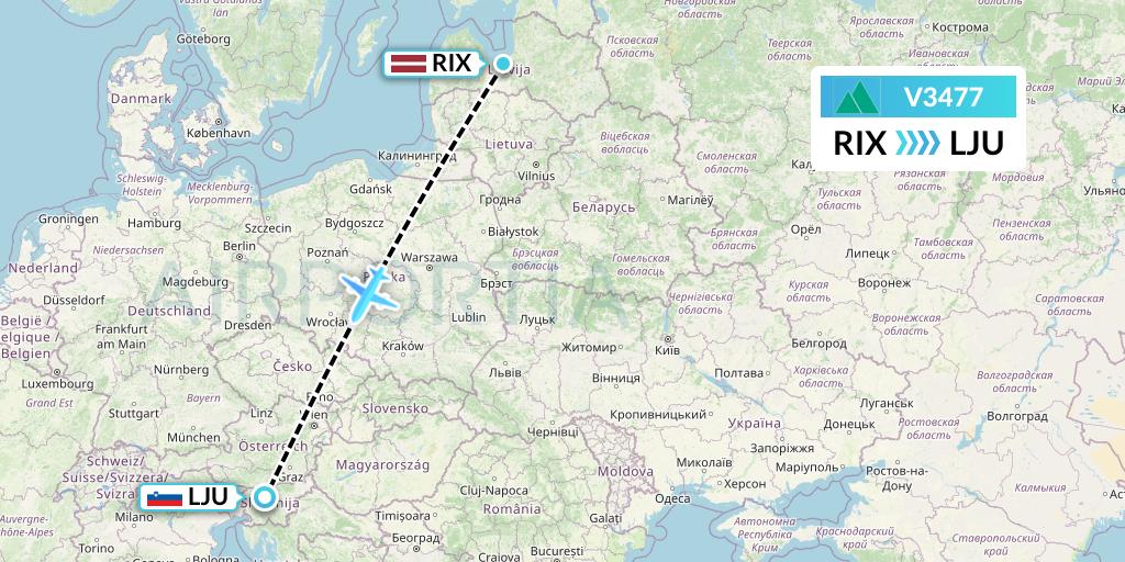 V3477 Carpatair Flight Map: Riga to Ljubljana