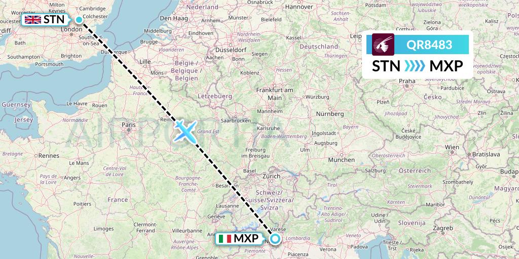 QR8483 Qatar Airways Flight Map: London to Milan