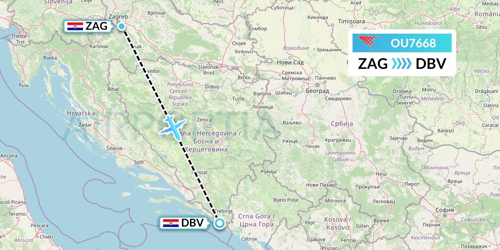 OU7668 Croatia Airlines Flight Map: Zagreb to Dubrovnik