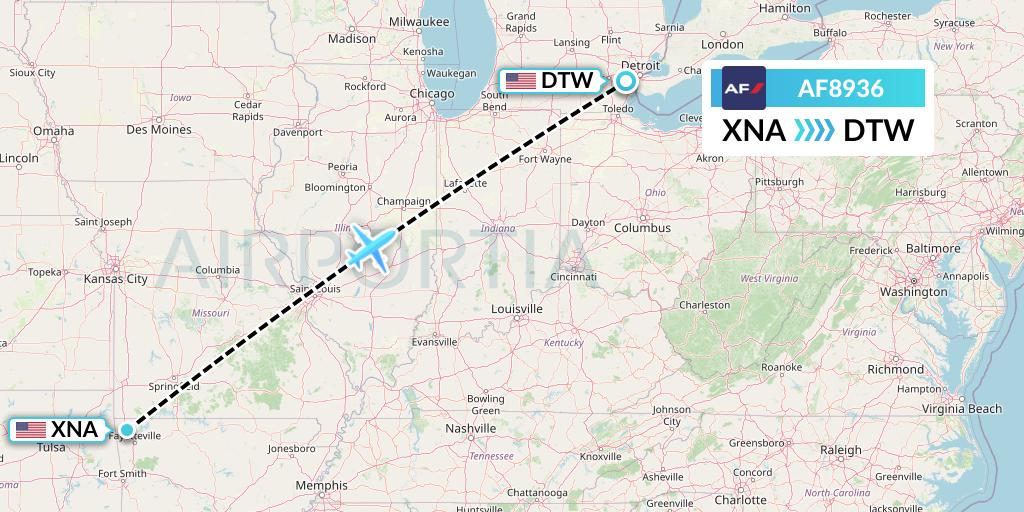 AF8936 Air France Flight Map: Bentonville to Detroit
