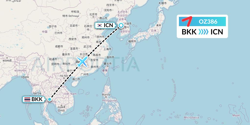 OZ386 Asiana Airlines Flight Map: Bangkok to Seoul
