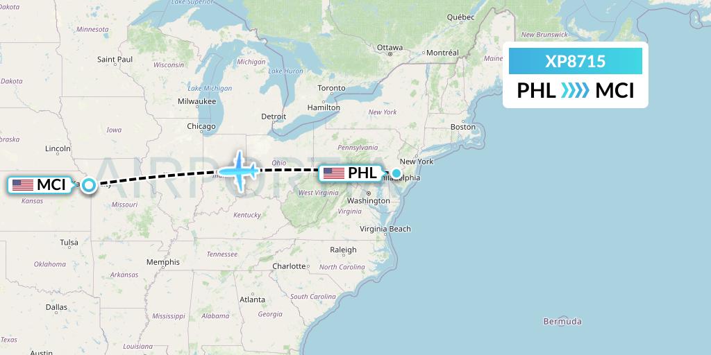 XP8715 Avelo Airlines Flight Map: Philadelphia to Kansas City