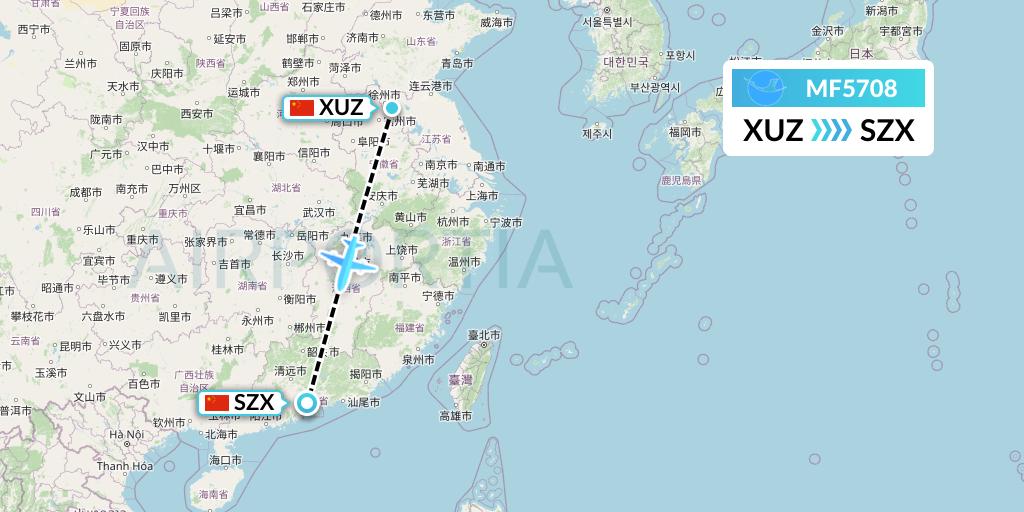 MF5708 Xiamen Airlines Flight Map: Xuzhou to Shenzhen