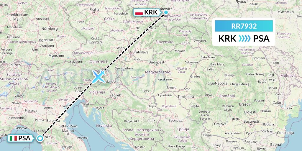 RR7932 Royal Air Force Flight Map: Krakow to Pisa