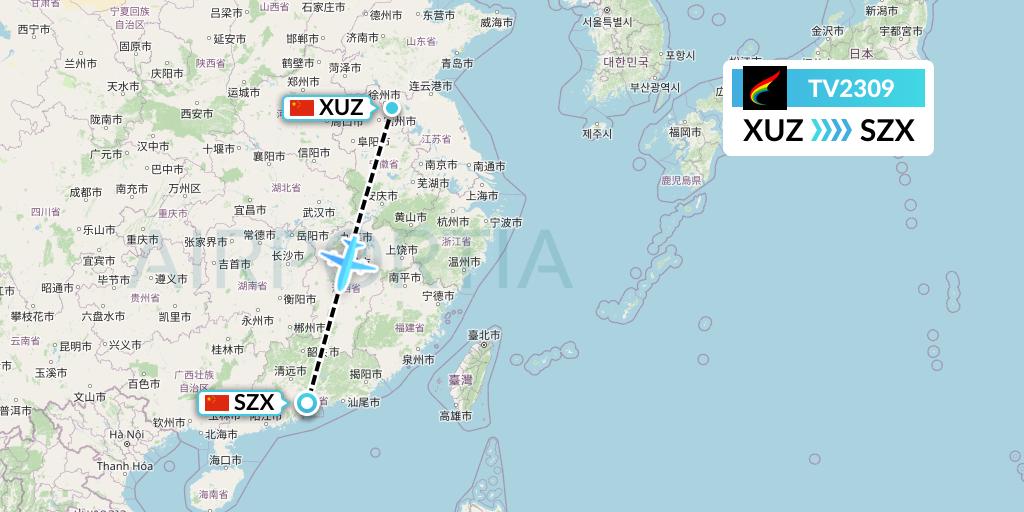 TV2309 Tibet Airlines Flight Map: Xuzhou to Shenzhen