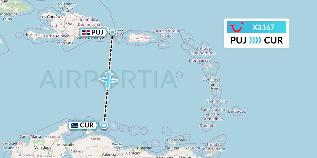 X3167 TUI fly Germany Flight Map: Punta Cana to Willemstad