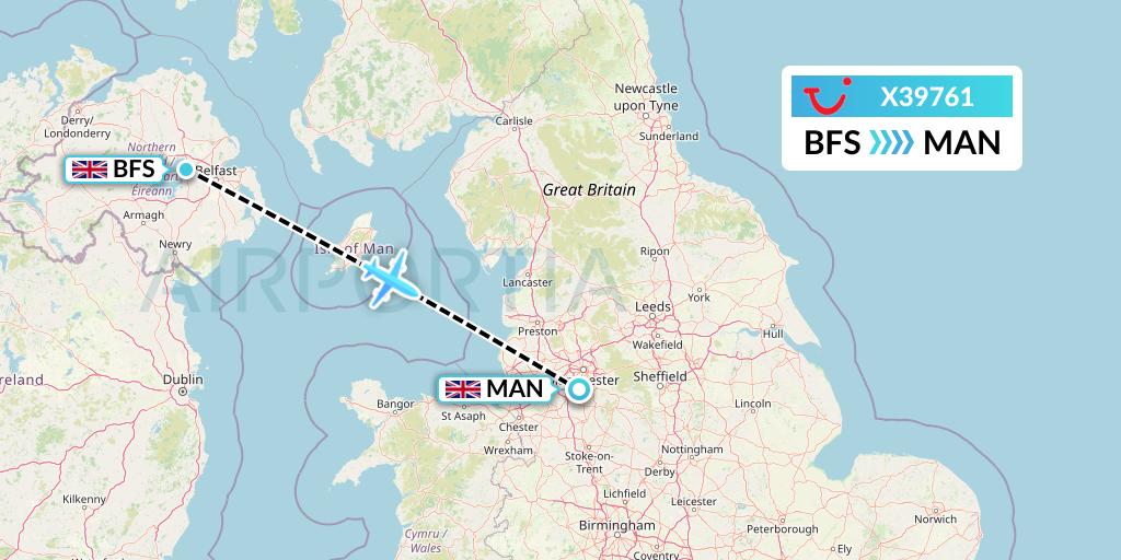 X39761 TUI fly Germany Flight Map: Belfast to Manchester