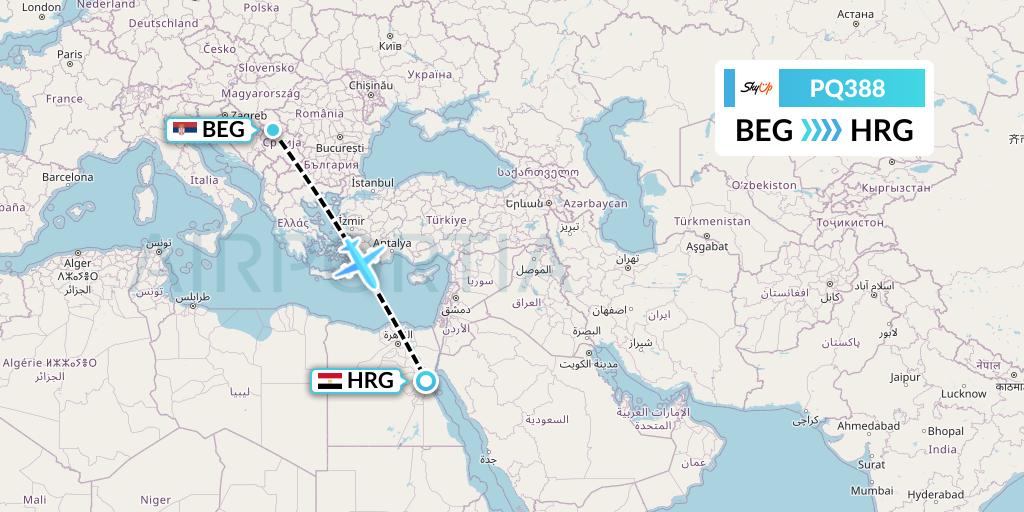 PQ388 SkyUp Airlines Flight Map: Belgrade to Hurghada
