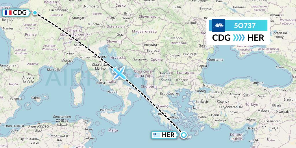 5O737 ASL Airlines France Flight Map: Paris to Heraklion