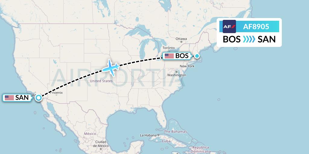 AF8905 Air France Flight Map: Boston to San Diego