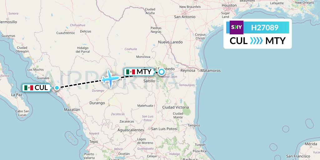 H27089 Sky Airline Flight Map: Culiacan to Monterrey