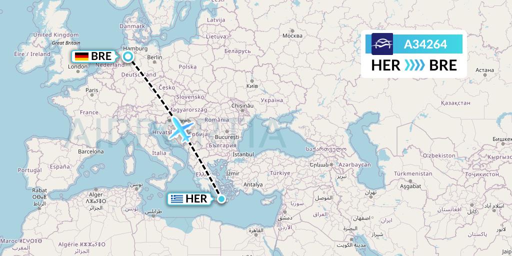 A34264 Aegean Airlines Flight Map: Heraklion to Bremen