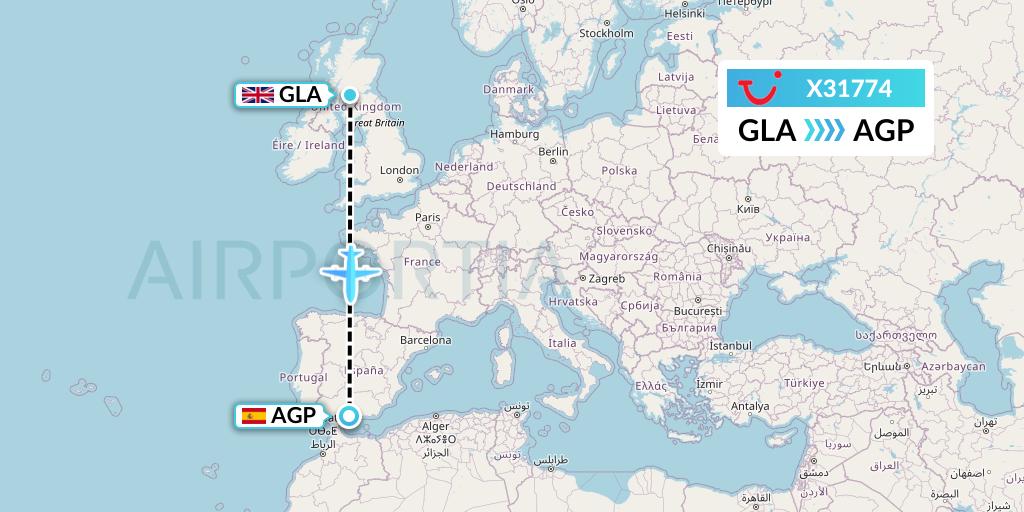 X31774 TUI fly Germany Flight Map: Glasgow to Malaga