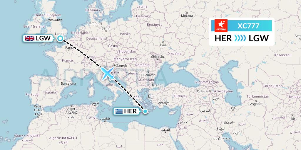XC777 Corendon Airlines Flight Map: Heraklion to London
