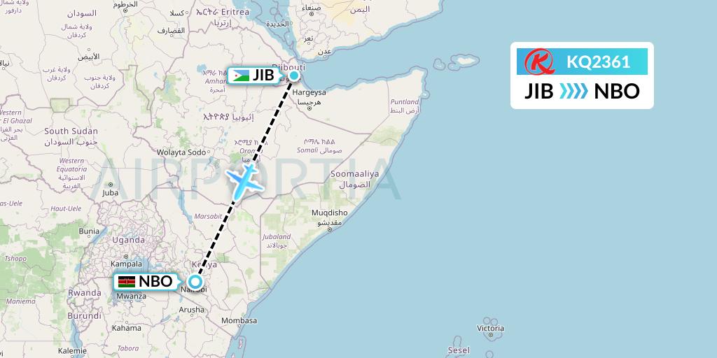 KQ2361 Kenya Airways Flight Map: Djibouti to Nairobi