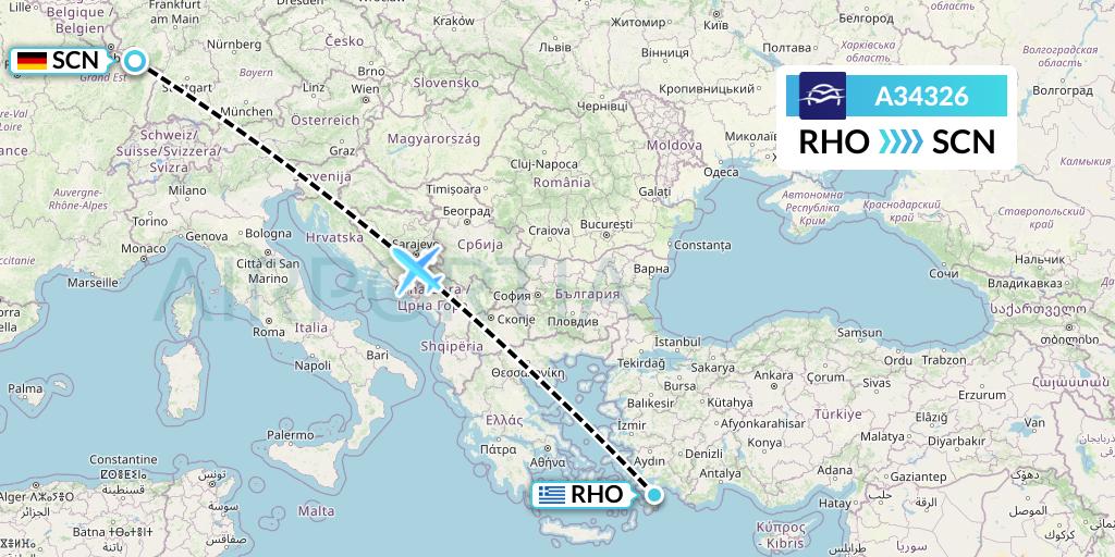 A34326 Aegean Airlines Flight Map: Rhodes to Saarbrucken