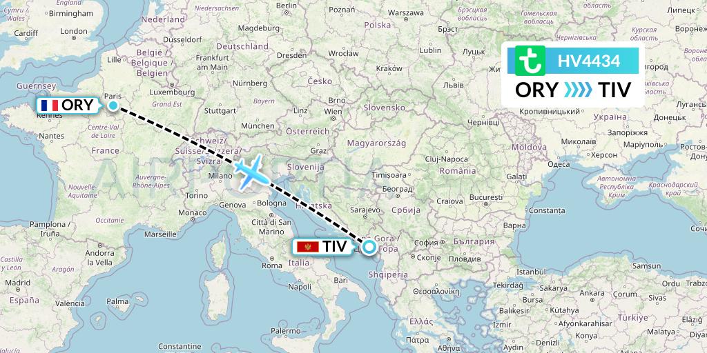 HV4434 Transavia Flight Map: Paris to Tivat