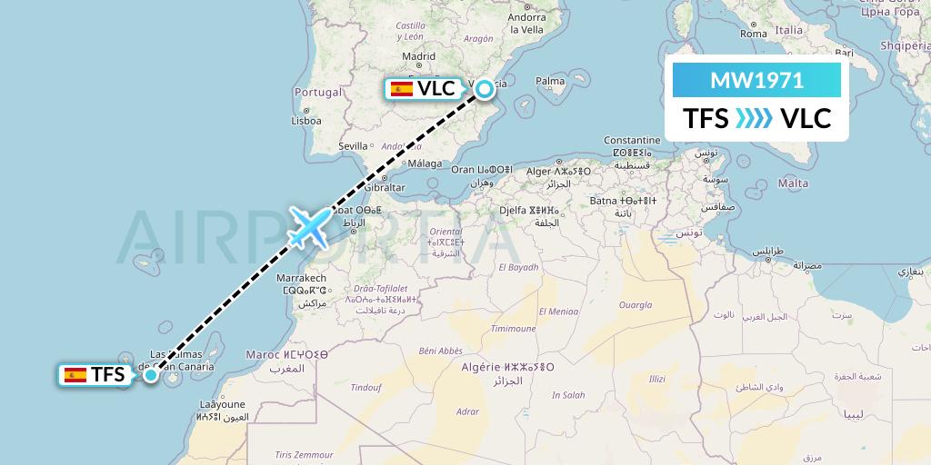 MW1971 Mokulele Flight Service Flight Map: Tenerife to Valencia