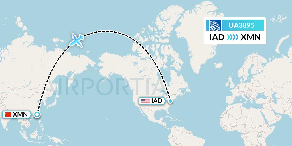 UA3895 United Airlines Flight Map: Washington to Xiamen