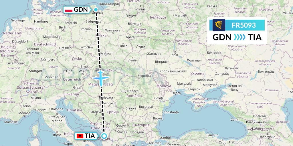 FR5093 Ryanair Flight Map: Gdansk to Tirana