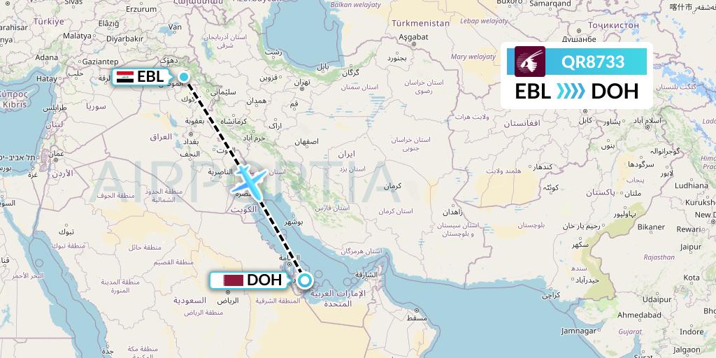 QR8733 Qatar Airways Flight Map: Arbil to Doha