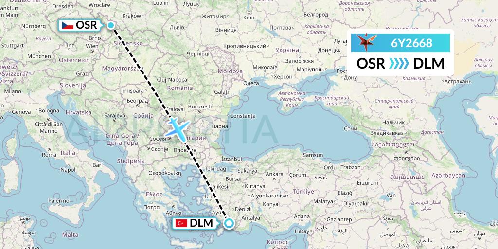 6Y2668 SmartLynx Flight Map: Ostrava to Dalaman