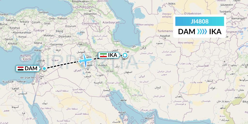 JI4808 Armenian Airlines Flight Map: Damascus to Tehran