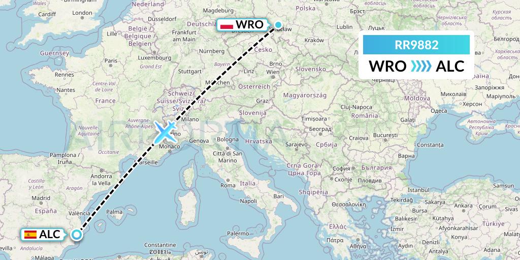 RR9882 Royal Air Force Flight Map: Wroclaw to Alicante