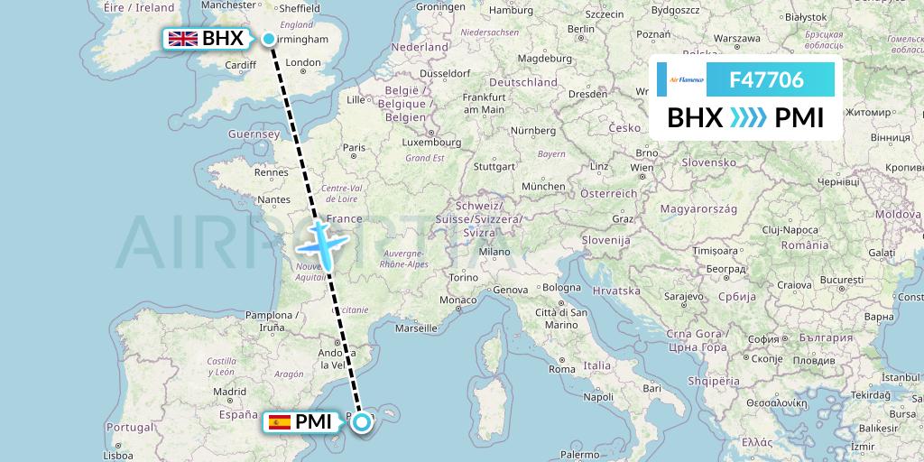 F47706 Air Flamenco Flight Map: Birmingham to Palma de Mallorca